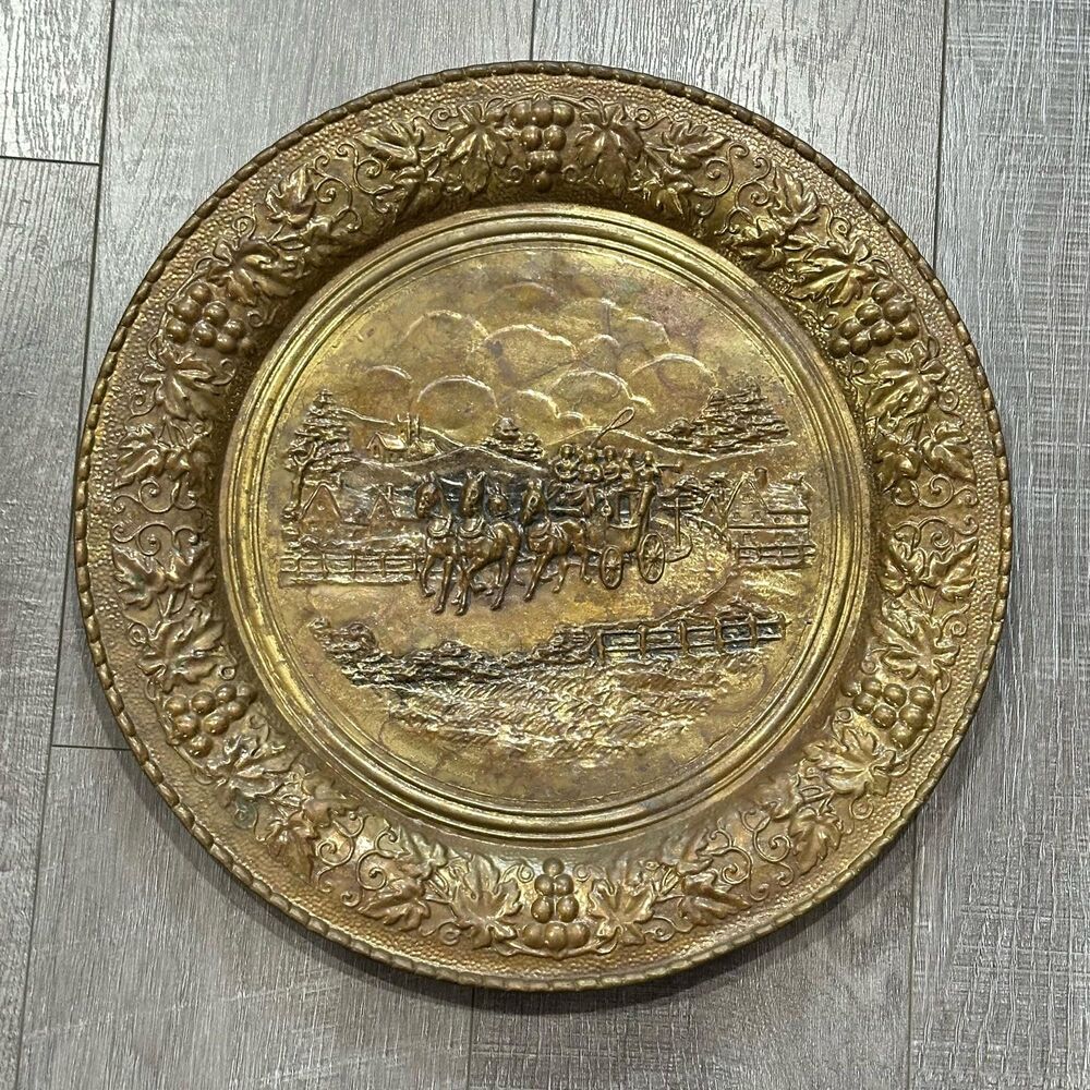 Vintage 16.5" Lombard Brass Wall Plate English Repoussé Horse Carriage Scene MCM